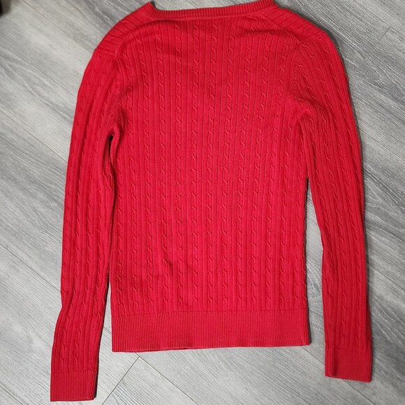 TOMMY HILFIGER WOMEN’S RED CABLE KNIT SWEATER SIZE LARGE V NECK LONG SLEEVE - Picture 2 of 7